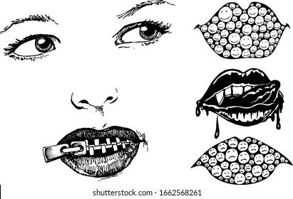 Drawing image of a girl with a set of different mouth emotions - vector hand-drawn illustration