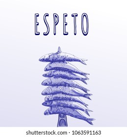 drawing of impaled sardines, "espeto" typical food from malaga, spain. vectorized illustration of fresh fish with salt to make the embers.