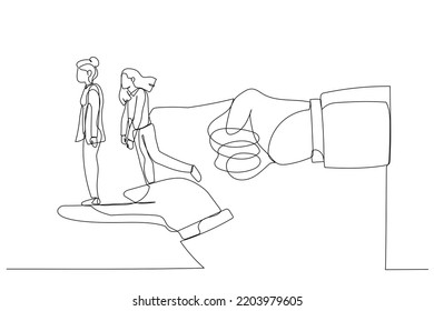 Drawing of index finger overturns row of businesswoman standing on big hands. Metaphor for dismissal, unemployment, layoffs. Single continuous line art style
