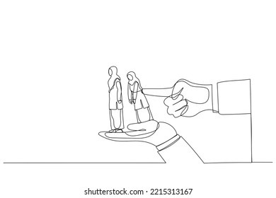 Drawing of index finger overturns row of muslim businesswoman standing on big hands. Metaphor for dismissal, unemployment, layoffs. Single continuous line art style
