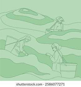 Drawing of Indian women picking tea leaves on the mountain plantation.pattern vector illustration isolated (kerala munnar)