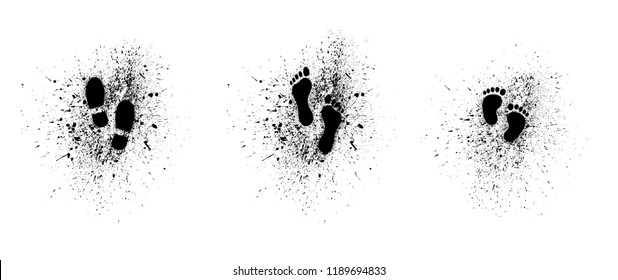 Drawing ink splash or splatter Human walking footprints shoes and shoe sole. Kids feet and foot steps Fun vector footsteps icon or sign for print