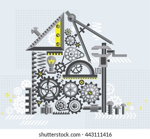 Drawing instruments, gears and mechanisms laid out in the form of home. Vector illustration