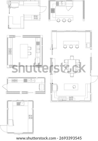 Drawing Interior Design Furniture Layout Plan — Kitchen Arrangement in Residential House (6 Layouts, 6 Designs)