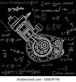 Drawing an internal combustion motocycle engine isolated in black background. It can be used as an illustration for the high-tech, systems and mechanisms, development of engineering and research.