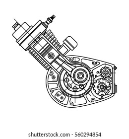 Drawing an internal combustion motocycle engine isolated in black background. It can be used as an illustration for the high-tech, systems and mechanisms, development of engineering and research.