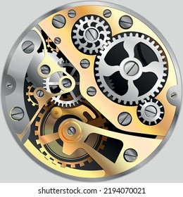 Drawing of an internal metal mechanism of a round mechanical watch. Vector image