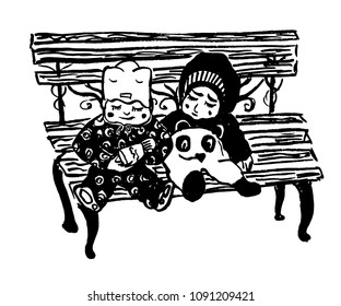 drawing isolate two toddlers, boy and girl, in warm winter clothes, playing with each other on a bench, sketch, hand-drawn vector illustration