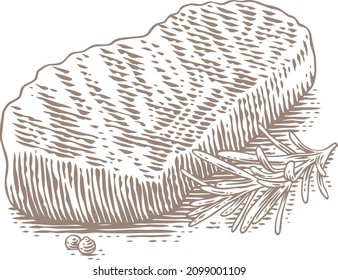 Drawing of isolated beef stake with pepper and rosemary