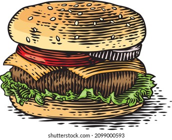 Drawing of isolated burger with meat, cheese, tomato and onion