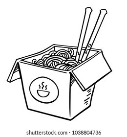 Drawing of isolated chinese box with noodles and chopsticks.