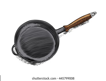 Drawing Of Isolated Iron Black Frying Pan On The White