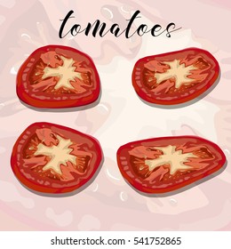 Drawing isolated on the colourful background of a red tomato sliced. Production, processing, selling, juice, seasoning.