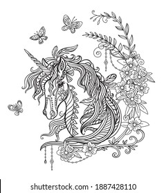 Drawing isolated portrait of unicorn with long mane tangle style for adult coloring book, tattoo, t-shirt design, logo, sign. Stylized illustration of horse unicorn in tangle doodle style.