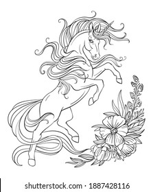 Drawing isolated reared unicorn with long mane and flowers. Tangle style for adult coloring book, tattoo, t-shirt design, logo, sign. Stylized illustration of horse unicorn in tangle doodle style.