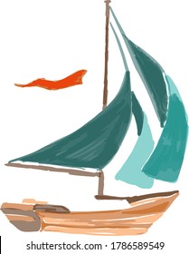 Drawing of isolated sailing yacht in children cartoon style