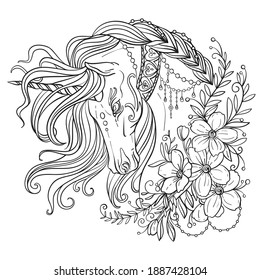 Drawing isolated unicorn with long mane and flowers. Tangle style for adult coloring book, tattoo, t-shirt design, logo, sign. Stylized illustration of horse unicorn in tangle doodle style.