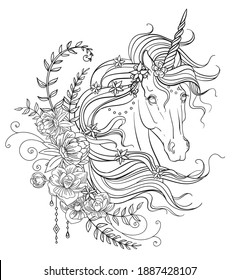 Drawing isolated unicorn with long mane and floral composition. Tangle style for adult coloring book, tattoo, t-shirt design, logo, sign. Stylized illustration of horse unicorn in tangle doodle style.