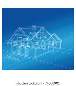 drawing in isometric projection at home on a blue background