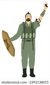 A drawing of an Israeli Jewish soldier in the IDF.
The isolated figure holds a shield with a Star of David engraving on it. And tefillin on his head and hand.
He prays for the success of the 2023 war.