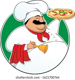 Drawing of an Italian chef with pizza in his hand on a tray, the cook signals with a bell that the pizza is ready. The cook enjoys the smell of pizza!