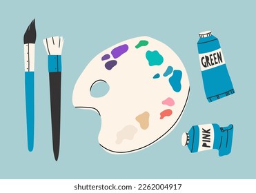 Drawing items. Palette, brushes and paints. Vector isolated illustration.