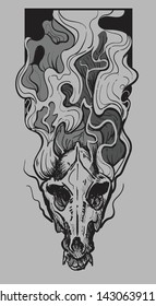 Drawing jackal skull in abstract style with waves of lines. Animal skull black-white sketch art.