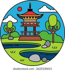 A drawing of a Japanese garden with a pagoda in the center. The pagoda is surrounded by trees and rocks, and there is a river in the background