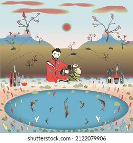 Drawing in Japanese style. The artist draws a cat against the backdrop of mountains with flowering trees.