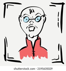 Drawing In Japanese Style. Vector Drawing By Hand. A Bald Man With Round Glasses And A Red Cape.