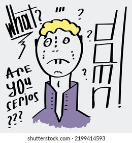 Drawing in Japanese style. Vector drawing by hand. A guy with big teeth in a purple shirt.
