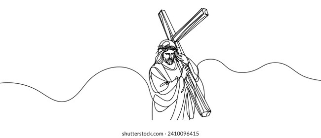 drawing of jesus christ carrying the cross drawn continuous line. Vector illustration