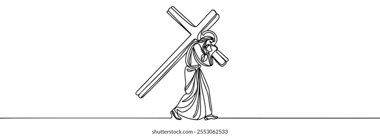 drawing of jesus christ carrying the cross drawn continuous line. Vector illustration