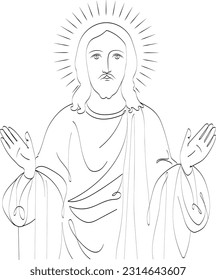 Drawing of Jesus Christ with open hands in line style. Face of Jesus. isolated vector graphic