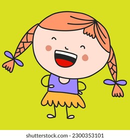 drawing of a joyful girl with pigtails