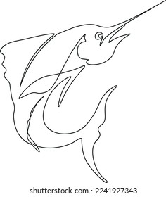 Drawing of a jumping swordfish made in the one line art technique. Minimalistic black and white image.