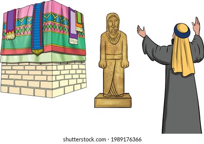 A drawing of the Kaaba before Islam and next to it a man worshiping idols