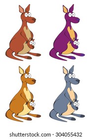 Drawing of a kangaroo mom with her son in various colors. Vector image