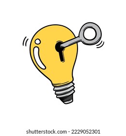 Drawing a key to open a creative light bulb. Vector Stock.