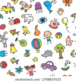 Dibujo del patrón de los niños. fondo inconsútil con la ilustración colorida de los niños para los proyectos del diseño textil