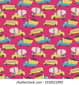 drawing of kids with transport element. vector transport seamless pattern