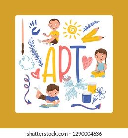 Drawing kids vector boy girl character painting in childish art-school with artist tools paint brushes palette for color paints children artwork backdrop illustration childly sketch background