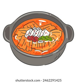 A drawing of kimchi stew in an earthenware pot