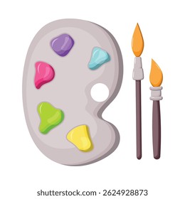 Drawing kit. An artist's palette with five bright colors and two brushes with orange bristles.