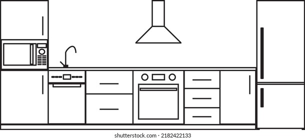 Drawing of a kitchen front in black lines on a white background