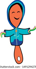Drawing of a kitchen spoon with a happy face and a blue sweatshirt