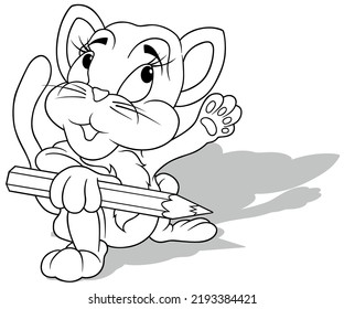 Drawing of a Kitten Holding a Crayon in its Paw - Cartoon Illustration Isolated on White Background, Vector