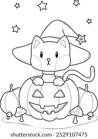 drawing of a kitten with a witch hat in a halloween pumpkin