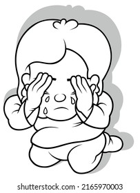 A Drawing of a Kneeling Boy Crying - Cartoon Illustration Isolated on White Background, Vector