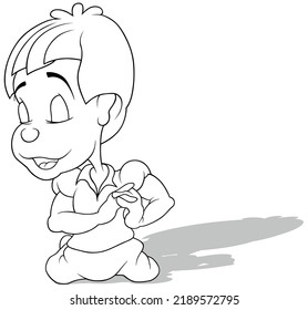 Drawing of a Kneeling Boy with a Dreamy Face - Cartoon Illustration Isolated on White Background, Vector